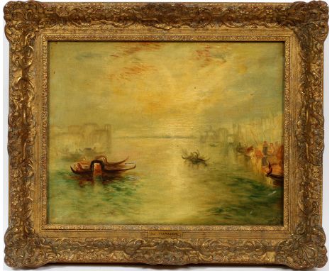 AFTER JMW TURNER, OIL ON CANVAS, C. 1880-1920, H 14'', W 18'', VENETIAN HARBORG. Brain, 179 Upper St., Islington, N. stamp on