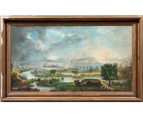 ATTRIBUTED TO ROBERT S. DUNCANSON (AMERICAN, 1821-1872), OIL ON CANVAS, H 33", W 60", PARADISE & PERI THEMEC. 1871; unsigned;