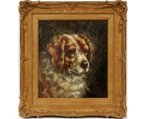 OIL ON BOARD, 20TH C., H 12 1/2", W 11 1/4", PORTRAIT OF A DOGMonogrammed in the lower right.  In a gilt wood and gesso frame