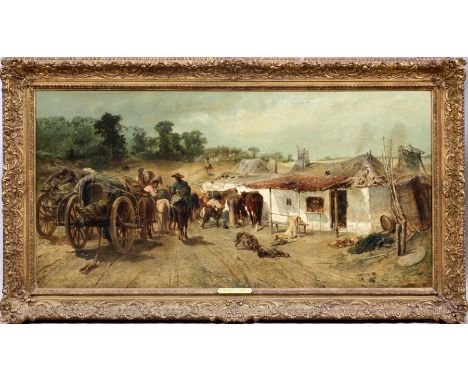 ADOLPH SCHREYER (GERMAN, 1828-1899) OIL ON CANVAS MOUNTED ON PLYWOOD, H 27", W 54", "WALLACHIAN PEASANTS"Signed lower right; 