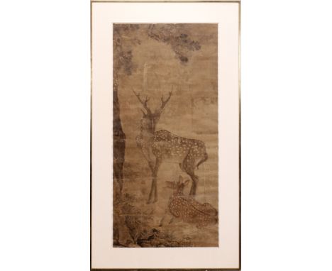 CHINESE WATERCOLOR ON SILK, H 68", W 32", LANDSCAPESigned in the lower right. Matted and framed under plexi-glass. 18th centu