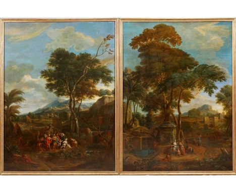 IATTRIBUTED TO P.D. HONDT, FLEMISH OILS ON CANVAS, 18TH C., PAIR, H 91", W 67", "RACHEL AT THE WELL" &amp; "JOSEPH SOLD INTO 