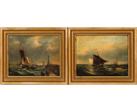 BRITISH, OIL ON CANVAS, LATE 19TH C., PAIR, H 8", L 10", SHIPS UNDER SAILOne painting depicts several ships under sail with a