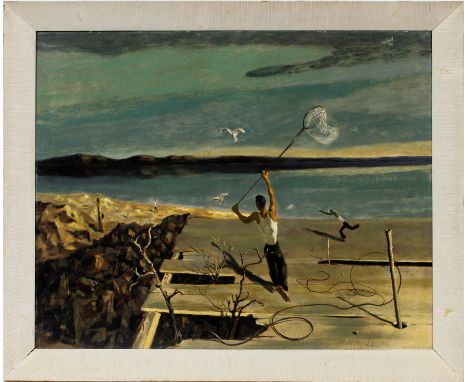 HUGHIE LEE-SMITH, OIL ON BOARD 1952 H 24" W 30" BEACH SCENESigned upper right and dated 1952. Dreamlike landscape with one fi