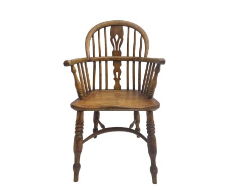 19th century elm and ash Windsor armchair, low stick back with central pierced splat, dished seat raised on turned supports u