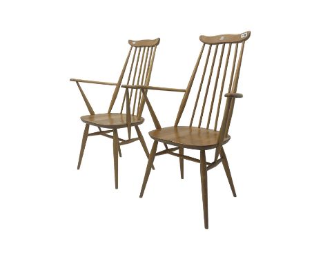 Ercol - pair elm and beech 'Windsor' open armchairs, shaped cresting rail over stick back, on tapered supports joined by H-st