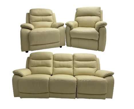 Contemporary three seat reclining sofa, upholstered in cream leather (W205cm); with matching electric reclining armchair and 