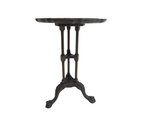 Georgian Chippendale design mahogany wine table, moulded pie crust top over triple pillar column, tripod cabriole base with a