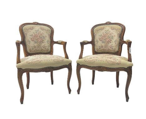 Pair French Louis XV design beech framed salon armchairs, upholstered in tapestry style fabric with sprung seat and studwork 