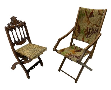 19th century carved mahogany folding chair, cresting rail carved with two stylised fish flanking a crown, spiral turned spind