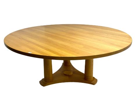 Chris Berry for Berrydesign - contemporary bespoke solid light oak dining table, circular top over ring turned triple pedesta