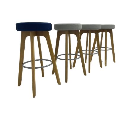 Connection Furniture - set four oak framed high bar stools, circular seat upholstered in grey and navy blue, raised on taperi