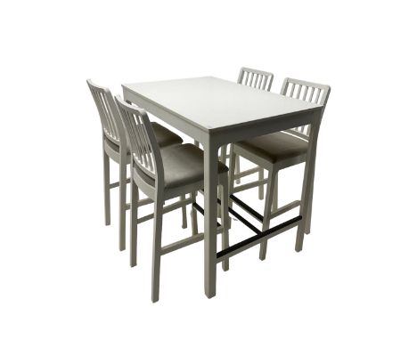 IKEA - 'Ekedalen' bistro set, rectangular table raised on chamfered supports (W121cm D80cm H106cm); and set four bar stools, 