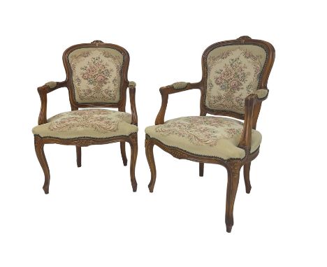 Pair French Louis XV design beech framed salon armchairs, upholstered in tapestry style fabric with sprung seat and studwork 