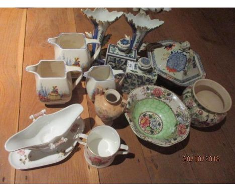 Continental vases, graduating jugs, a Mason tureen with lid, a lustre ware bowl, a Royal Worcester 'Hammersley' loving cup an
