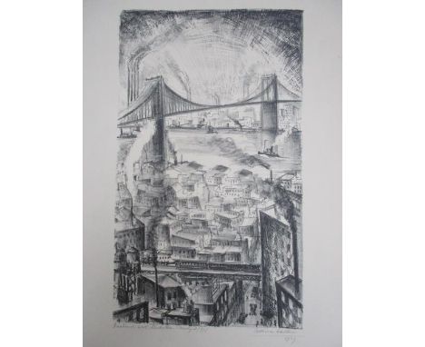 Adriaan Lubber - 'Eastside with Manhattan Bridge (77)' lithograph signed and dated 1929 and titled, 22" x 15" overall, unfram