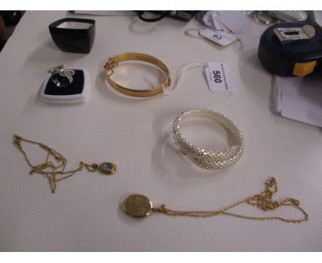 An Italian silver snake bangle together with a white metal snake ring, 2 rolled gold chain necklaces with locket and pendant 