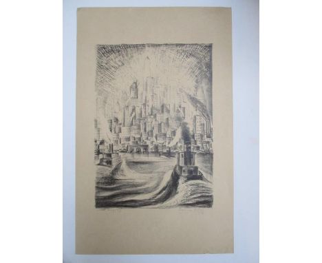 Adriaan Lubbers - 'South Ferry' with two boats to the foreground lithograph, signed and dated 1929, titled and numbered indis