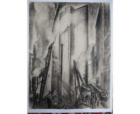 Adriaan Lubbers - a street scene with a construction site to the foreground, figures on the pavements, a truck and buildings,