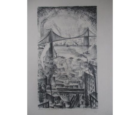 Adriaan Lubbers - 'Eastside with Manhatten Bridge (91)', lithograph signed, dated 1929 and titled, 22" x 15", overall, unfram