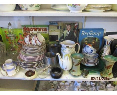 Mixed early 20th century bone china tableware, mixed books to include Brownie annuals, Blanc de Chine Chinese figures, a jigs