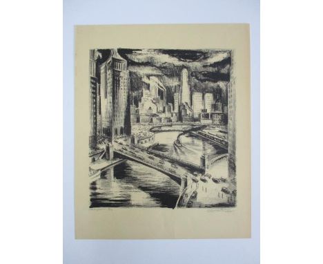 Adriaan Lubbers - 'Chicago River' limited edition lithograph 9/50, signed dated 1944 and titled, 17" x 14" overall, unframed 