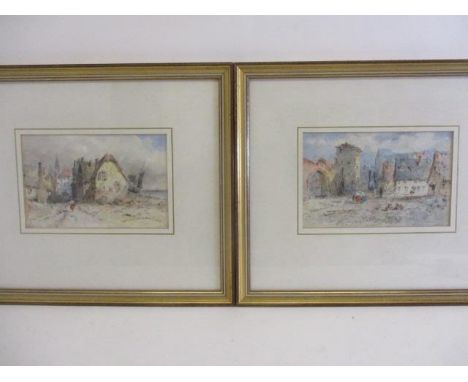 George James Knox - 'Continental Town with Figures' and 'Continental Coastal Town with Figure', watercolour, both signed and 