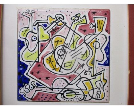 After Salvador Dali - 'Spanish Guitars' ceramic tile signed in the pattern, 7 7/8" x 7 7/8", mounted in a gilt frame 