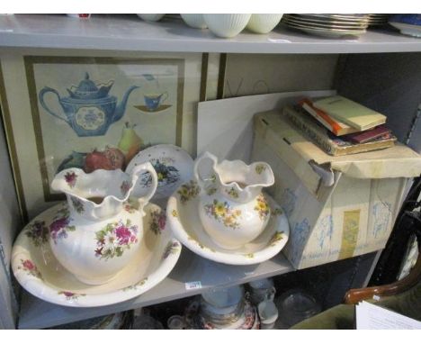 A mixed lot to include wash jugs and bowls, prints, a Capodimonte teapot, books and mixed china and pottery 