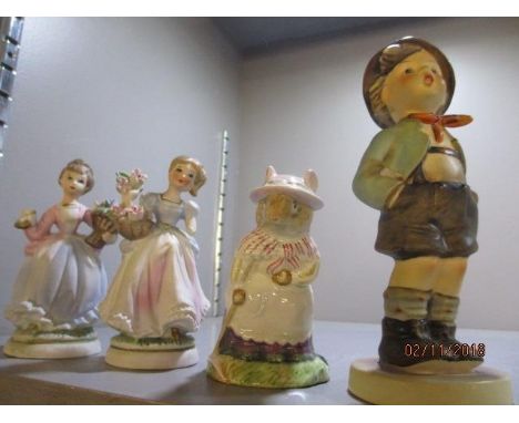 A Royal Doulton china model of Old Mrs Eyebright and a Hummel figure, together with 2 others 