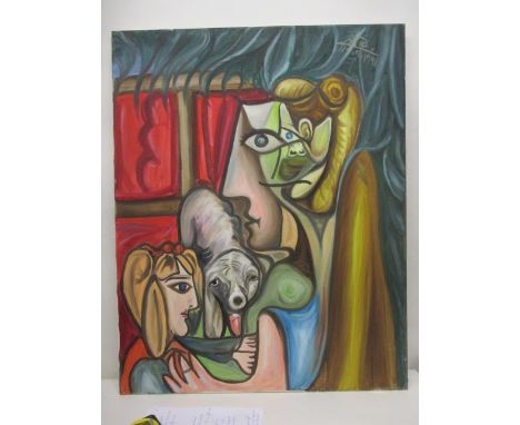 H Atia - an abstract group portrait of a mother and child with a dog, oil on canvas, signed and dated 19.5.1991 top right cor