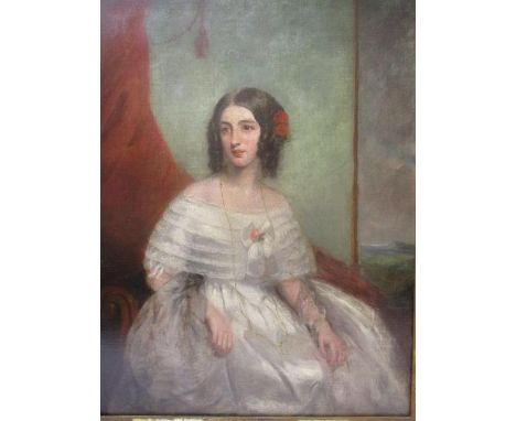 Late 19th Century British School - a half length portrait of a young woman wearing a white ball gown and a gold necklace, oil