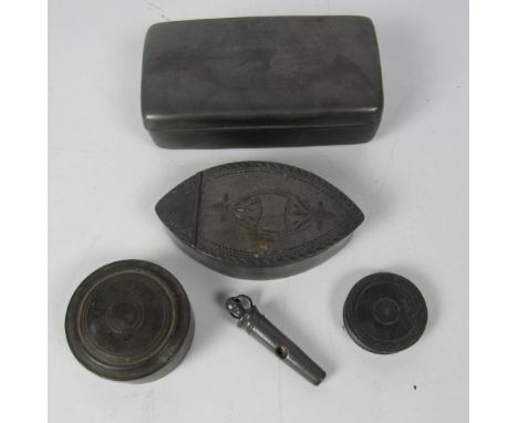 An early 19th Century oval Snuff Box, with engraved lid; a small engraved circular antique pewter Snuff Box, anotehr larger a