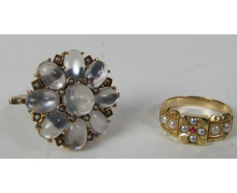 A large gold and moonstone Cluster Ring; and a small 15ct gold and seed pearl Ring. (2)