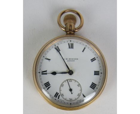 A plain 9ct gold Gentleman's keyless Pocket Watch, by J.W. Benson of London, the enamel dial with Roman numerals and smaller 