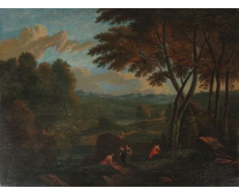 17th Century, after Brueghel or Von Bloemen"Classical Landscape with figures by a pool," O.O.P., 24cms x 32cms (9 1/2" x 12 1