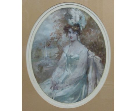 Late 19th Century School - in the style of SargeantAn oval "Portrait of an Elegant Young Lady in white and blue satin dress, 