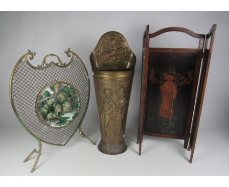 A tall embossed brass Stick & Umbrella Stand, an Art Nouveau style brass Mesh Firescreen, and a folding pokerwork Screen. A l