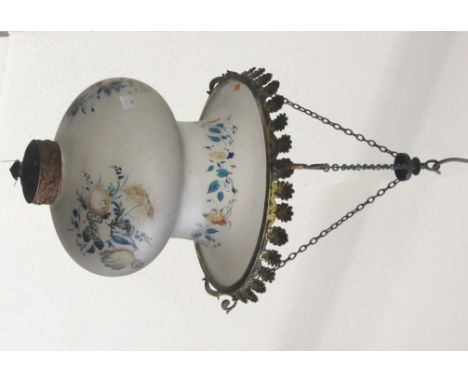 An unusual 19th Century bulbous shaped frosted glass Hall Light, with hand painted floral decoration, and the ormolu corona s