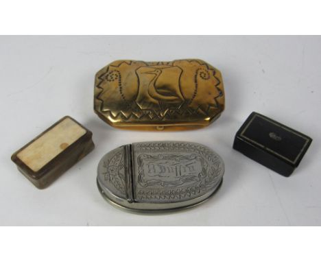 A late 18th Century brass Tobacco Box, with punched decoration; an early oval pewter Snuff Box with engraved decoration and i