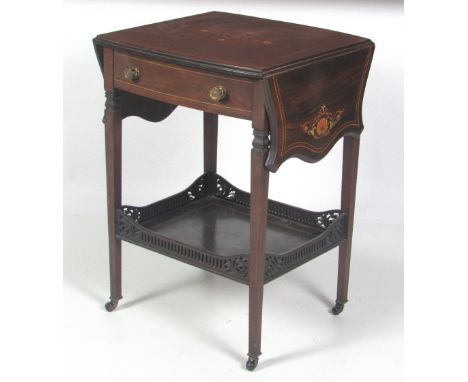 A good Edwardian inlaid rosewood Occasional Table, with shaped leaves over frieze drawer and galleried shelf. (1)