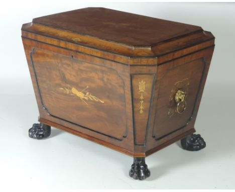 A very attractive large George III period inlaid mahogany Cellaret, with canted corners, the inlaid moulded top with central 