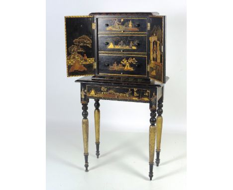 A very unusual small 19th Century painted and lacquered Collectors Cabinet, with two pained panel doors opening to reveal thr