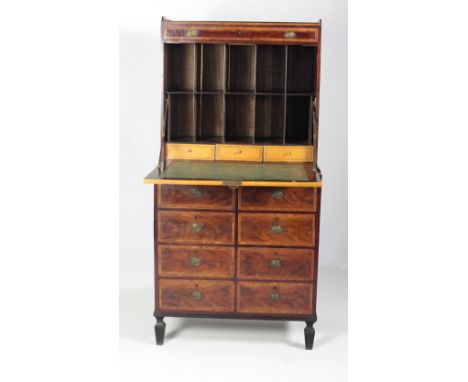 A very fine quality George III period inlaid and figured mahogany Bureau Chest, the top section with shaped rail over a narro