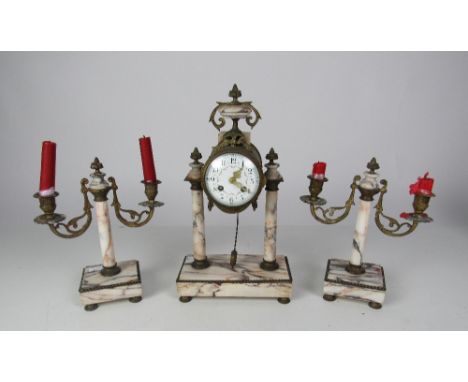 An attractive speckled marble Clock Garniture, the clock with circular floral decorated enamel dial by F. Martin, Paris, supp