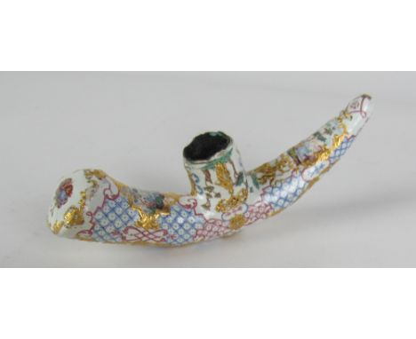 A fine quality early 19th Century French or Vienna enamel Cane Handle, with painted landscape panels, decorated in pink and b