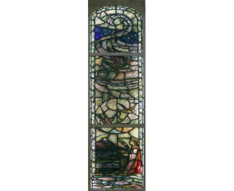 The Clarke Stained Glass Studios[Nagle (Wm.)]  "King David and The Creation"   A vibrant and colourful three panel stained gl
