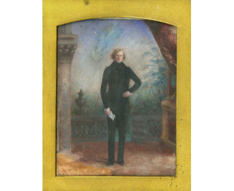 T. Skaife?Painting on marble "Full length Portrait of Young Man standing by a pillar holding a letter," 17cms x 12.5cms (6 3/