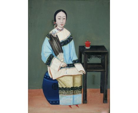 Chinese - Hong Kong School, c. 1850"Fine full length portrait of young Chinese Woman seated by a tall ebony table," approx. 5