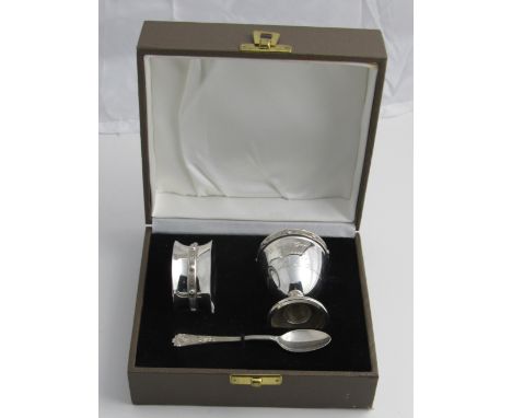 A modern Irish silver Condiment Set, salt, pepper and mustard pot, with two spoons, cased; also a similar Irish silver Christ